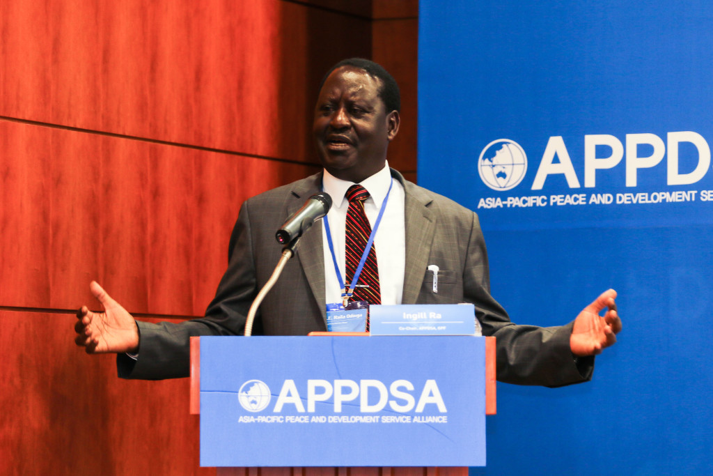 Former Prime Minister Raila Odinga speaks at the APPDSA forum.